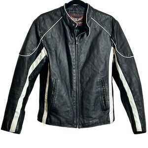 Street Legal Black White Leather Biker Jacket Quilted‎ Lining Size Small Moto